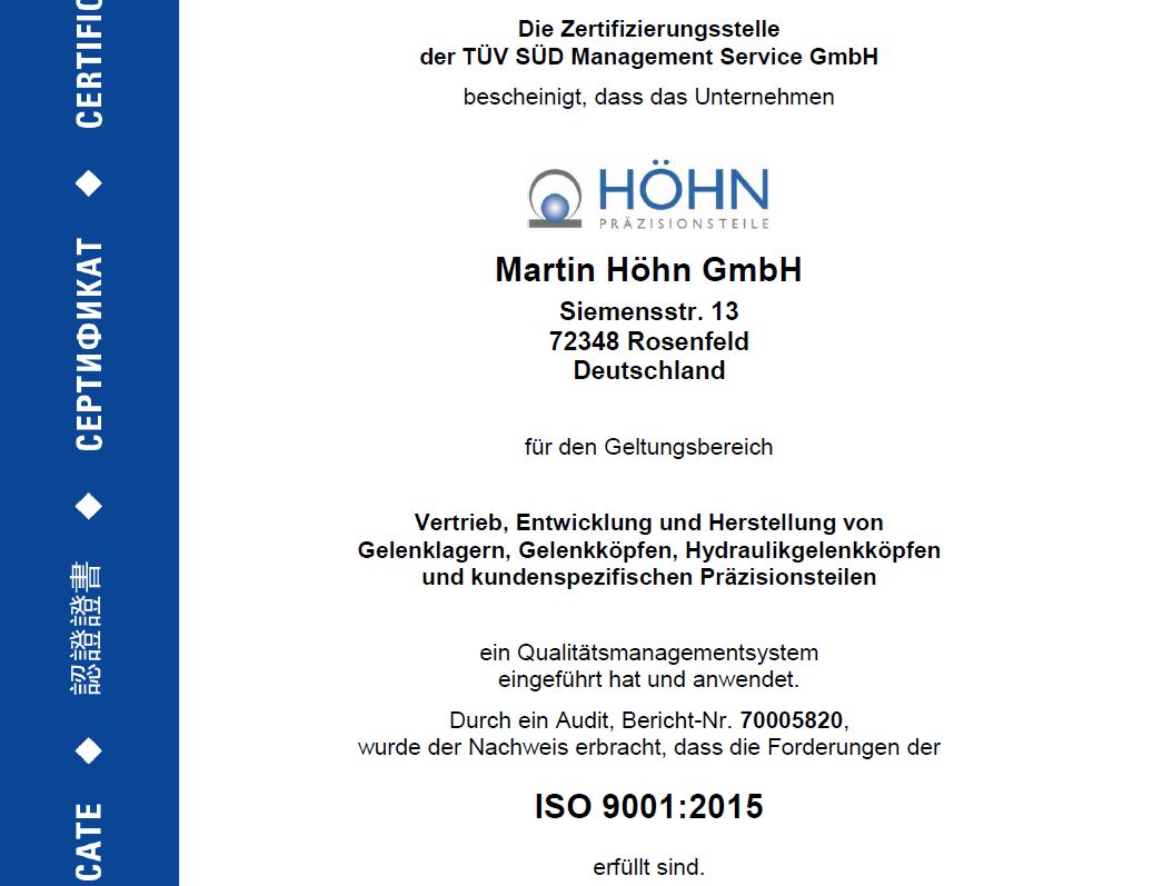 Erstmalige Zertifizierung von HÖHN nach ISO 9001:2015