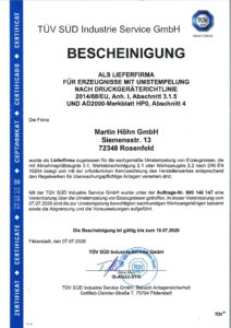 TUEV-Bescheinigung der Martin Hoehn GmbH in Rosenfeld über Berechtigung zur Umstempelung